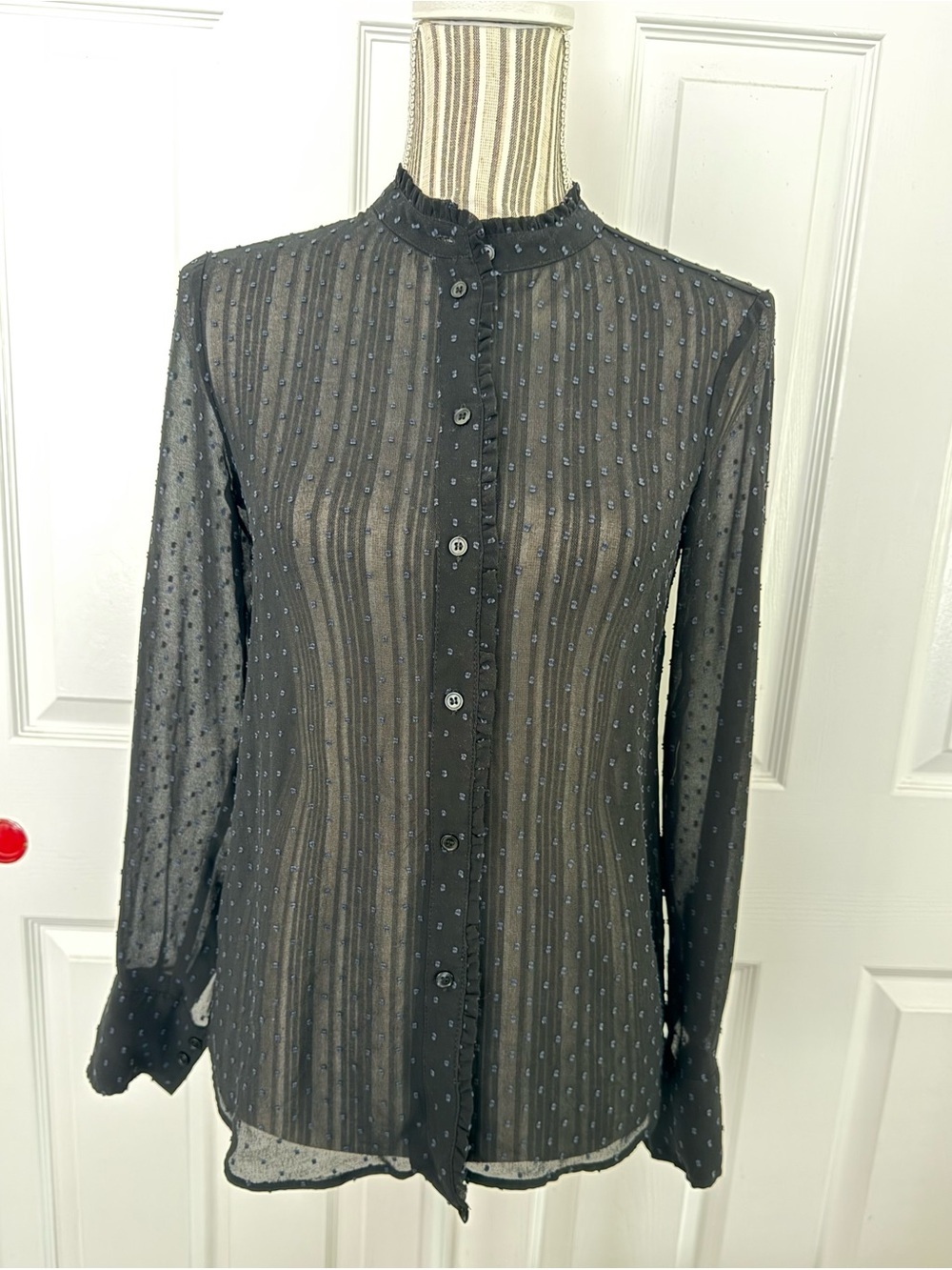 H&M Black Swiss Dot Sheer Blouse Size 4 Mock Neck Ruffle Long Sleeve